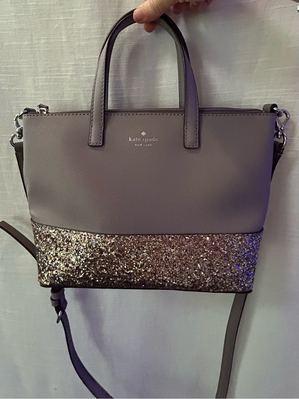 kate spade taupe glitter two-tone small satchel with gold sparkle